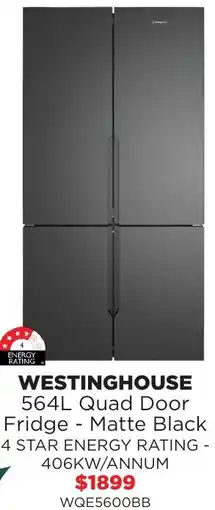 Bing Lee Westinghouse 564l quad door fridge matte black offer