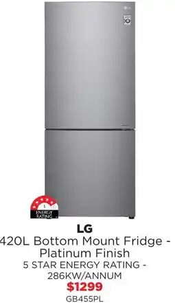 Bing Lee LG 420L Bottom Mount Fridge - Platinum Finish offer