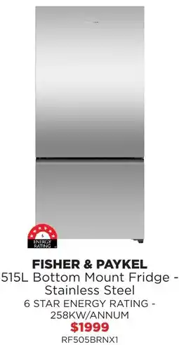 Bing Lee Fisher & paykel 515l bottom mount fridge - stainless steel offer