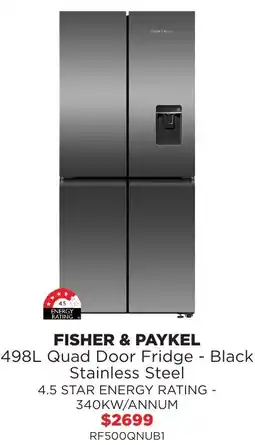 Bing Lee Fisher & paykel 498l quad door fridge - black Stainless Steel offer
