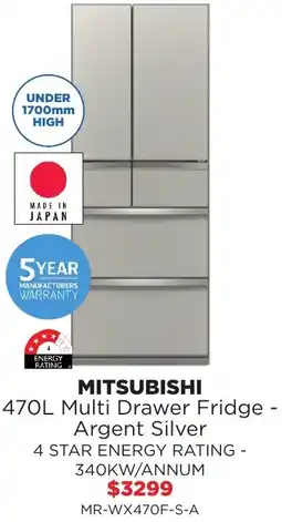 Bing Lee MITSUBISHI 470L Multi Drawer Fridge - Argent Silver offer