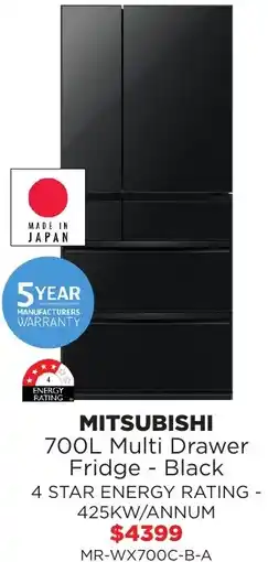 Bing Lee Mitsubishi 700l multi drawer fridge black offer