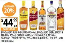 Supabarn Bundaberg rum underproof, bundaberg extra smooth red rum, captain morgan spiced gold rum, gordon's london dry gin offer