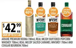 Supabarn Ariane premium vodka, real mccoy buttered popcorn whiskey, real mccoy salted caramel whiskey and cougar bourbon offer