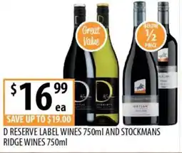 Supabarn D reserve label wines and stockmans ridge wines offer