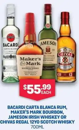 SipnSave Bacardi carta blanca rum, maker's mark bourbon, jameson irish whiskey or chivas regal 12yo scotch whisky offer