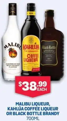 SipnSave Malibu liqueur, kahlúa coffee liqueur or black bottle brandy offer