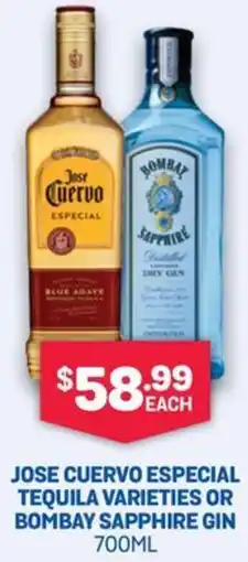 SipnSave Jose cuervo especial tequila varieties or bombay sapphire gin offer