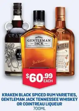 SipnSave Kraken black spiced rum varieties, gentleman jack tennessee whiskey or cointreau liqueur offer