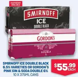 SipnSave Smirnoff ice double black 6.5% varieties or gordon's pink gin & soda double 6% offer