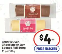 IGA Baker's Oven Chocolate or Jam Sponge Roll 400g $1 per 100g offer