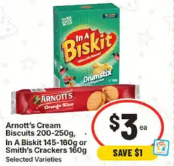 IGA Arnott's Cream Biscuits In A Biskit or Smith's Crackers offer