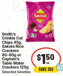 IGA Smith's Crinkle Cut Chips, Sakata Rice Crackers or Captain's Table Crackers offer