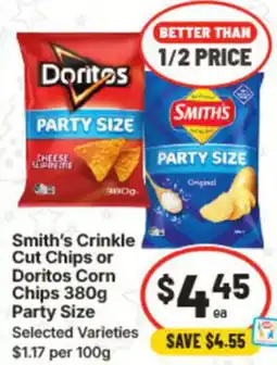 IGA Smith's Crinkle Cut Chips or Doritos Corn Chips Party Size offer