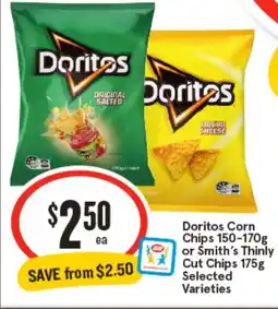IGA Doritos Corn Chips 150-170g or Smith's Thinly Cut Chips 175g offer