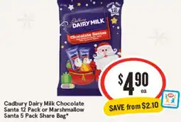 IGA Cadbury Dairy Milk Chocolate Santa 12 Pack or Marshmallow Santa 5 Pack Share Bag* offer