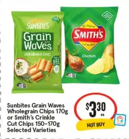 IGA Sunbites Grain Waves Wholegrain Chips or Smith's Crinkle Cut Chips 150-170g offer