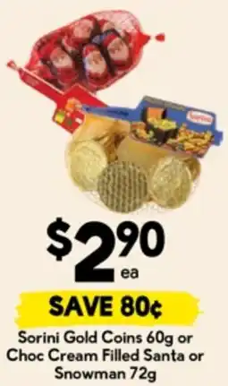 Drakes Sorini Gold Coins 60g or Choc Cream Filled Santa or Snowman offer