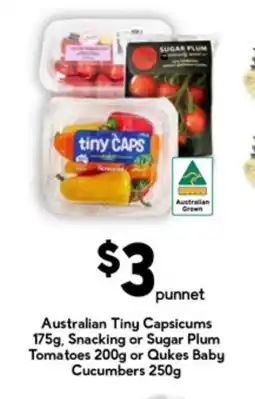 Drakes Australian Tiny Capsicums Snacking or Sugar Plum Tomatoes 200g or Qukes Baby Cucumbers 250g offer
