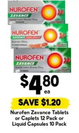 Drakes Nurofen zavance tablets or caplets 12 pack or liquid capsules 10 pack offer