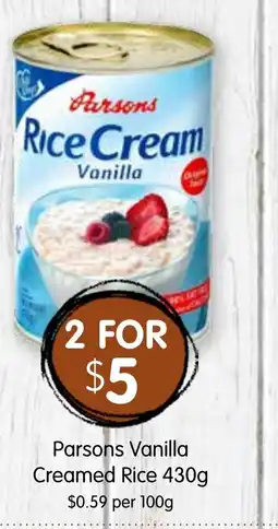 Spudshed Parsons Vanilla Creamed Rice 430g offer