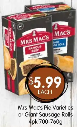 Spudshed Mrs Mac's Pie Varieties or Giant Sausage Rolls offer