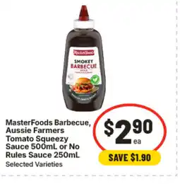 IGA Masterfoods barbecue, aussie farmers tomato squeezy sauce 500ml or rules sauce 250ml selected varieties offer