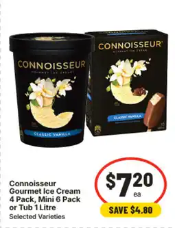 IGA Connoisseur Gourmet Ice Cream 4 Pack, Mini 6 Pack or Tub 1 Litre offer