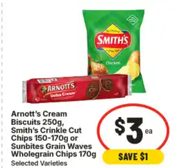 IGA Arnott's cream biscuits 250g, smith's crinkle cut chips sunbites grain waves wholegrain chips 170g offer