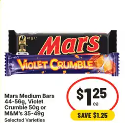IGA Mars Medium Bars 44-56g, Violet Crumble 50g or M&M's 35-49g Selected Varieties offer