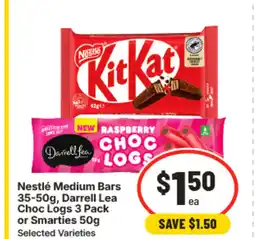 IGA Nestlé medium bars 35-50g, darrell lea choc logs 3 pack or smarties 50g offer