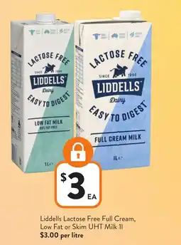 Foodworks Liddells lactose free full cream, low fat or skim uht milk offer