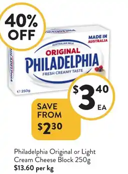 Foodworks Philadelphia original or light cream cheese block offer