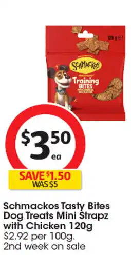 Coles Schmackos tasty bites dog treats mini strapz with chicken offer