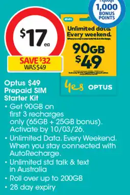 Coles Optus $49 prepaid sim starter kit offer