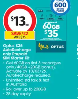 Coles Optus $35 autorecharge only prepaid sim starter kit offer