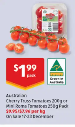 ALDI Australian Cherry Truss Tomatoes or Mini Roma Tomatoes offer