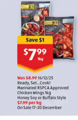 ALDI Ready, set...cook! marinated rspca approved chicken wings 1kg honey soy or buffalo style offer