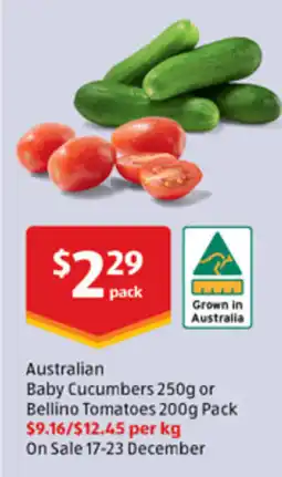 ALDI Australian baby cucumbers 250g or bellino tomatoes 200g pack offer