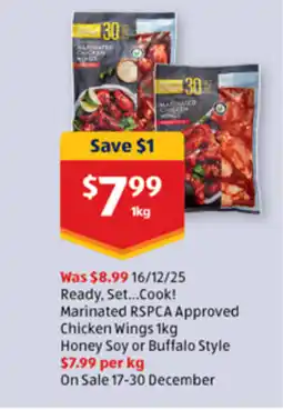 ALDI Ready, set...cook! marinated rspca approved chicken wings 1kg honey soy or buffalo style offer