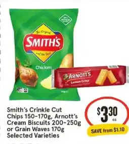 IGA Smith's crinkle cut chips , arnott's cream biscuitsor grain waves offer