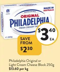 Foodworks Philadelphia Original or Light Cream Cheese Block offer