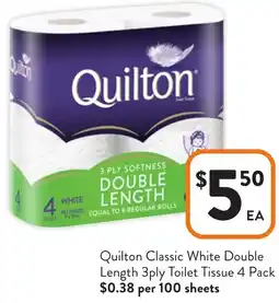 Foodworks Quilton Classic White Double Length 3ply Toilet Tissue offer