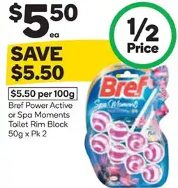 Woolworths Bref Power Active or Spa Moments Toilet Rim Block offer