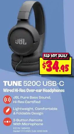 JB Hi-Fi TUNE 520C USB-C Wired Hi-Res Over-ear Headphones offer