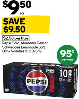 Woolworths Pepsi, Solo, Mountain Dew or Schweppes Lemonade Soft Drink Varieties offer