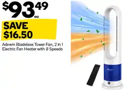 Woolworths Advwin Bladeless Tower Fan, 2 in 1 Electric Fan Heater with 8 Speeds offer