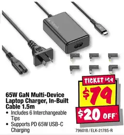 JB Hi-Fi 65W GaN Multi-Device Laptop Charger, In-Built Cable offer
