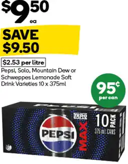 Woolworths Pepsi, Solo, Mountain Dew or Schweppes Lemonade Soft Drink Varieties offer