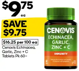 Woolworths Cenovis Echinacea, Garlic, Zinc + C Tablets Pk 60 offer